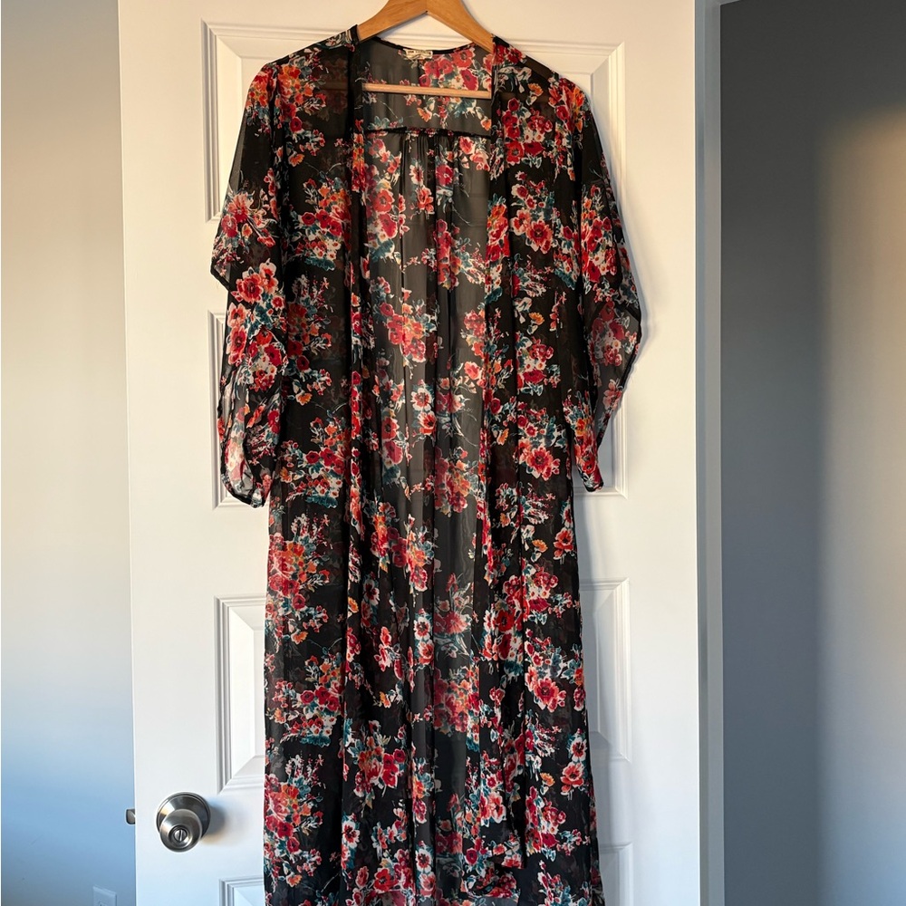 One Clothing Sheer Floral Chiffon Kimono Black Multicolor Size M